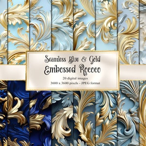 May include: A set of 20 digital seamless patterns featuring blue and gold embossed rococo designs. Each pattern is 3600 x 3600 pixels and in JPEG format.