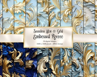 ブルー＆ゴールドのロココ調デジタルペーパー、エンボス加工テクスチャ（デジタルダウンロード）