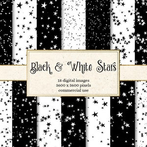 Black and White Stars Digital Paper, witte sterpatronen, afdrukbare naadloze achtergronden, grillige sterrenhemel textuur, commercieel gebruik