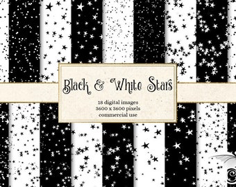 Black and White Stars Digital Paper, white star patterns, printable seamless backgrounds, whimsical starry night sky texture, commercial use