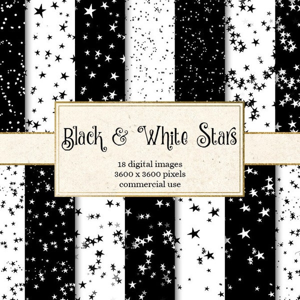Black and White Stars Digital Paper, white star patterns, printable seamless backgrounds, whimsical starry night sky texture, commercial use