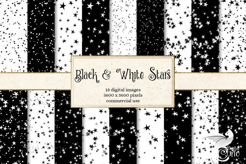 Black and White Stars Digital Paper, white star patterns, printable seamless backgrounds, whimsical starry night sky texture, commercial use image 1