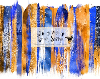 Blue and Orange Glitter Paint Strokes Clipart, Gold Foil PNG (Digital Download)