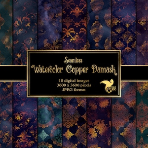 Watercolor Copper Damask Digital Paper - seamless patina shimmer textures for instant download commercial use