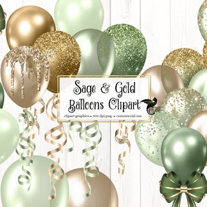 Clipart de balões de sálvia e ouro, clipart de festa de confete com glitter verde para aniversários, download instantâneo em formato PNG para uso comercial
