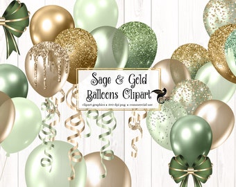 Sage and Gold Balloons Clipart, Glitter Confetti (PNG, Digital Download)