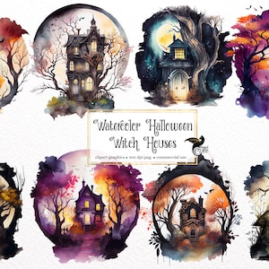 Watercolor Halloween Witch Houses Clipart - fall cute little cottages PNG format instant download for commercial use