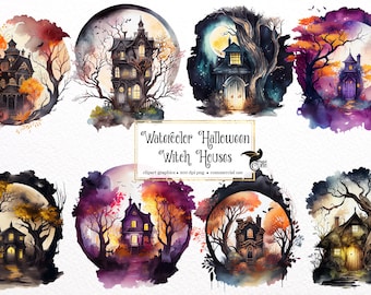 Watercolor Halloween Witch Houses Clipart - fall cute little cottages PNG format instant download for commercial use