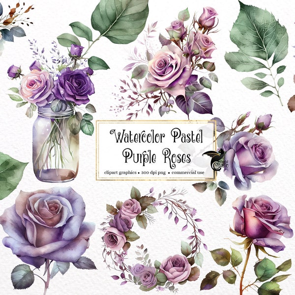 Watercolor Pastel Purple Roses Clipart - roses and leaves in PNG format instant download for commercial use