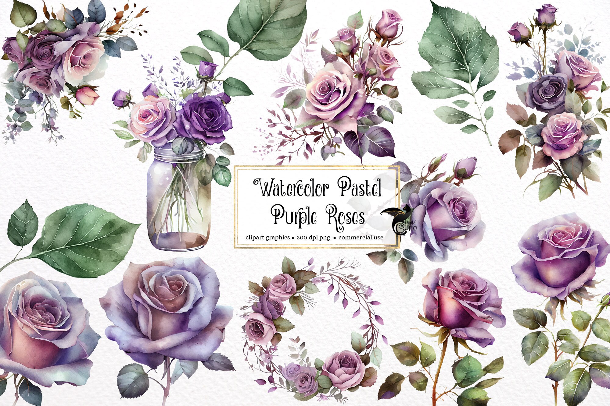 Watercolor Purple Roses Clipart – Floral PNG Graphics (commercial Use ...