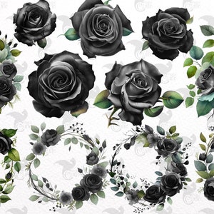 May include: A collection of black rose illustrations and floral arrangements. The image features individual roses, bouquets, and wreaths with green leaves. The roses have a watercolor effect, and the background is white.