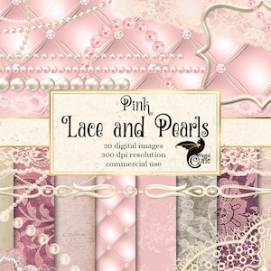 Pink Pearls and Lace Digital Scrapbooking kit, ivory pearl clipart and digital paper, vintage lace and pearls graphics