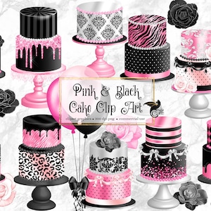Pink and Black Cakes Clipart, digital cake graphics for birthday or weddings, glitter drip cake clip art instant download commercial use