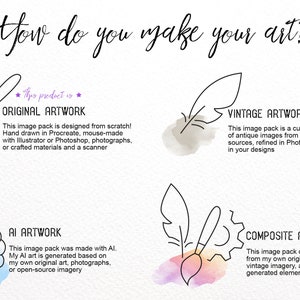 May include: Illustration of four different ways to create art: original artwork, vintage artwork, AI artwork, and composite artwork. Each style is represented by a paintbrush, a feather, a brain with a gear, and a paintbrush with a feather and gear.