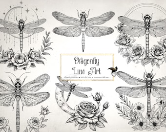 Dragonfly Line Art Clipart – Floral Collage Sheets (Digital Download)