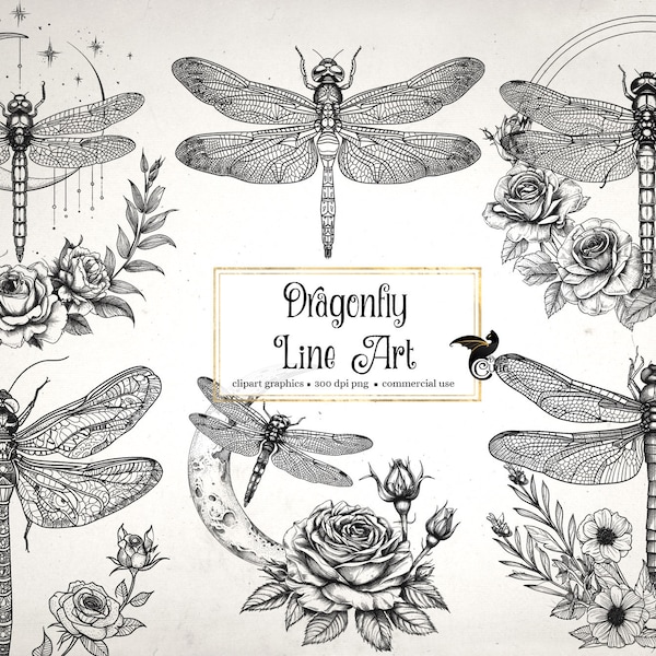 Dragonfly Line Art Clipart - dragonflies clip art and collage sheets for altered art or junk journals instant download commercial use