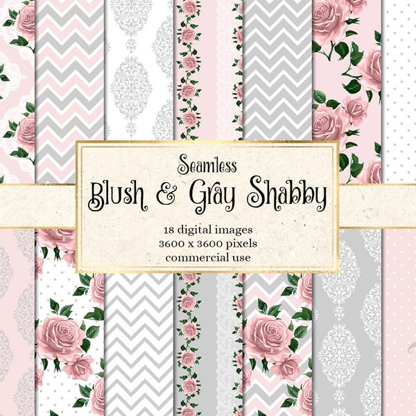 Blush and Gray Shabby Digital Paper, seamless floral patterns rustic flowers blush pink and gray flower patterns printable scrapbook paper