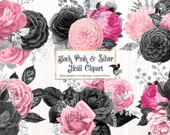 Imágenes prediseñadas florales en negro, rosa y plata, ramos de rosas góticos (descarga instantánea)