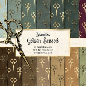Golden Scissors Digital Paper, seamless sewing patterns printable scrapbook paper backgrounds instant download commercial use