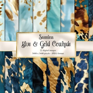 Blue and Gold Cowhide Digital Paper, seamless leather textures digital paper, western backgrounds, commercial use instant download
