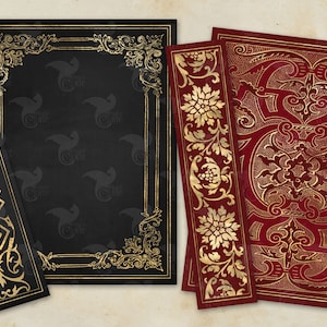 May include: Three decorative book covers with ornate gold and red designs. The covers are made of paper and have a vintage look.