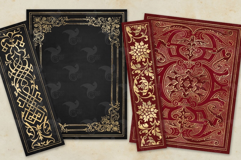 May include: Three decorative book covers with ornate gold and red designs. The covers are made of paper and have a vintage look.