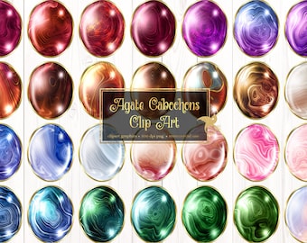 May include: Set of 24 digital clipart images of agate cabochons. Each image features a different color and pattern of agate, with a gold rim around the edge. The images are perfect for crafting projects, scrapbooking, and digital design.