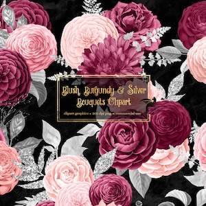 Blush Burgundy Silver Floral Bouquets Clipart, digital instant download blush and silver glitter wedding flower png commercial use