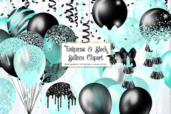 Turquoise and Black Balloon Clipart – Party Invitation Graphics (Digital Download)