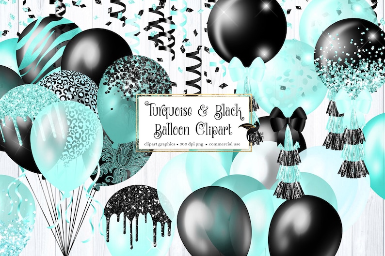 Puede incluir: Gr&aacute;ficos de clipart de globos turquesa y negro. El clipart incluye globos con varios patrones, incluyendo purpurina, estampado de leopardo y lunares. El texto "Turquoise & Black Balloon Clipart" se muestra sobre un fondo blanco.