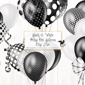 Black and White Polka Dot Balloons Clipart, glitter confetti party clipart voor verjaardagen PNG formaat instant download voor commercieel gebruik