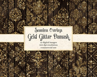 Gold Glitter Damask Overlays, seamless gold patterns in PNG format with transparent backgrounds instant download commercial use