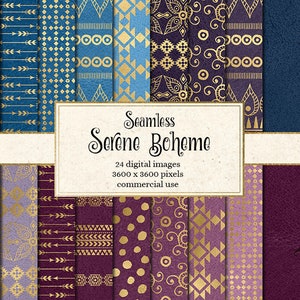 Serene Boheme デジタルペーパー、シームレスなレザーテクスチャ、ゴールドのボヘミアンパターン、ゴールドホイルのトライバルテクスチャ、すぐにダウンロード可能、商用利用可能