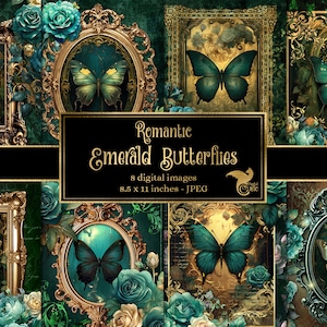 Romantische Smaragd Schmetterlinge Journal Papier, Notizbuch digitales Papier Rokoko Fantasy Junk Journal Seiten printable 8,5x11 sofortiger download