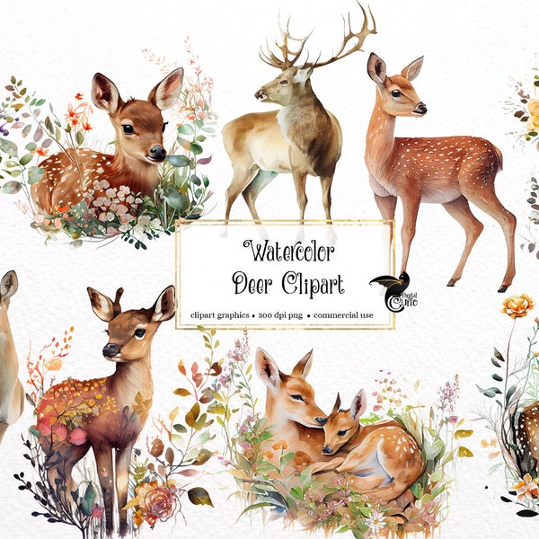 Watercolor Deer Clipart - springtime cute floral deer with wildflowers PNG format instant download for commercial use