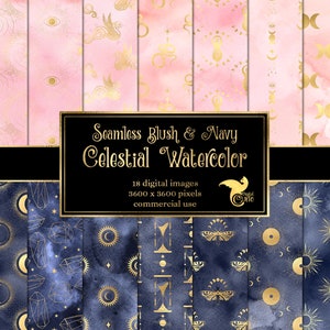 Blush and Navy Celestial Watercolor Digital Paper, seamless patterns with occult symbols instant download scrapbook paper for commercial use
