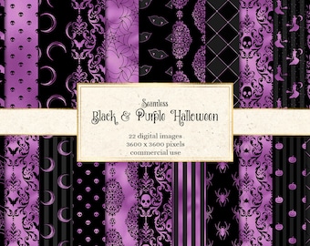 May include: A set of 22 digital seamless patterns in black and purple with Halloween themes. The patterns feature skulls, bats, spiders, moons, pumpkins, and damask designs.