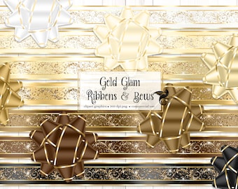 Clipart de fitas e laços dourados com glitter – Imagens glamorosas para presentes (Download digital em PNG)