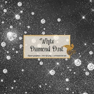 Puede incluir: Un fondo negro con purpurina blanca y formas de diamantes blancos esparcidas por la superficie. El texto "White Diamond Dust" est&aacute; en un marco dorado con el texto "clipart graphics - 200 dpi png - commercial use" debajo.