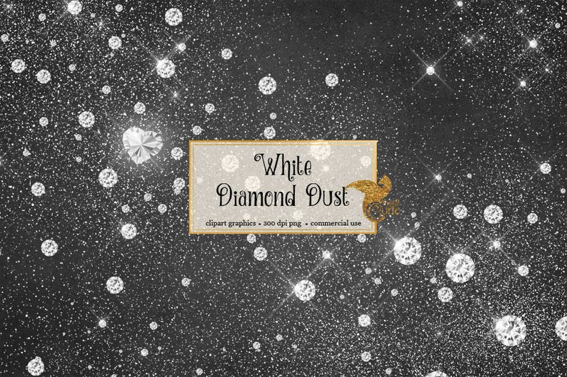 Puede incluir: Un fondo negro con purpurina blanca y formas de diamantes blancos esparcidas por la superficie. El texto "White Diamond Dust" est&aacute; en un marco dorado con el texto "clipart graphics - 200 dpi png - commercial use" debajo.