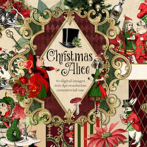 Christmas Alice Digital Scrapbooking Kit, téléchargement instantané Alice’s Adventures in Wonderland papier numérique et clipart