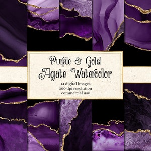 Texturas de aquarela de ágata roxa e dourada, papel de scrapbook digital imprimível para uso comercial em convites de casamento ou web design