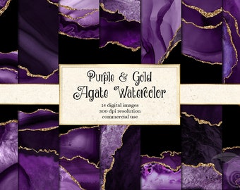 Purple and Gold Agate Watercolor Textures, printable digital scrapbook paper for commercial use in wedding invitation or web design