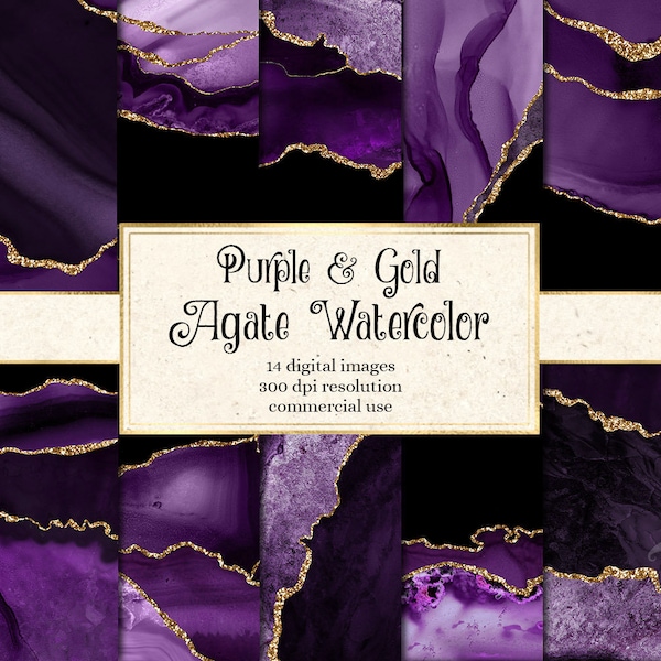 Purple and Gold Agate Watercolor Textures, printable digital scrapbook paper for commercial use in wedding invitation or web design