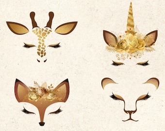 Gold Animal Faces Clipart, unicorn face, eyelashes, gold lion, gold fox, gold giraffe clip art safari woodland fantasy digital PNG graphics