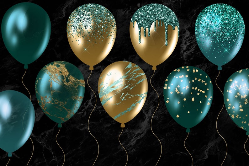 Teal and Gold Balloons Clipart glitter balloon png digital | Etsy