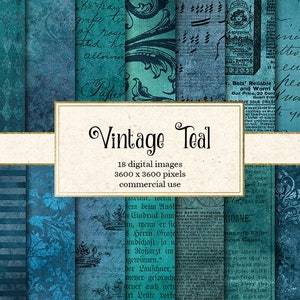 Vintage Teal Digital Paper, antique scrapbook paper, turquoise aqua textures, distressed grunge aged printable background instant download