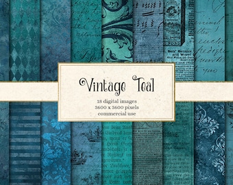 Vintage Teal Digital Paper, antique scrapbook paper, turquoise aqua textures, distressed grunge aged printable background instant download