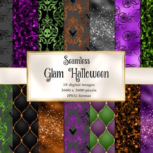 May include: A set of 18 digital seamless Halloween patterns in a glam style. The patterns feature a variety of colors, including black, green, purple, orange, and gold. The patterns include skulls, bats, and other Halloween-themed designs.