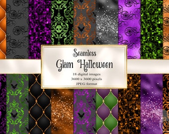 May include: A set of 18 digital seamless Halloween patterns in a glam style. The patterns feature a variety of colors, including black, green, purple, orange, and gold. The patterns include skulls, bats, and other Halloween-themed designs.